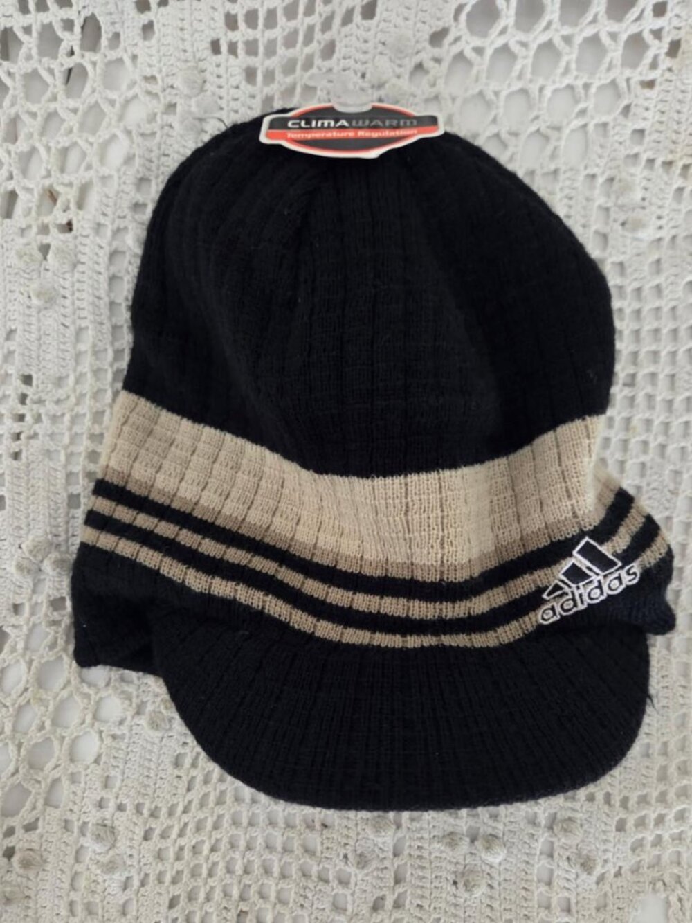 adidas ClimaWarm Beanie Hat Black Tan Striped Knit Visor NWT New